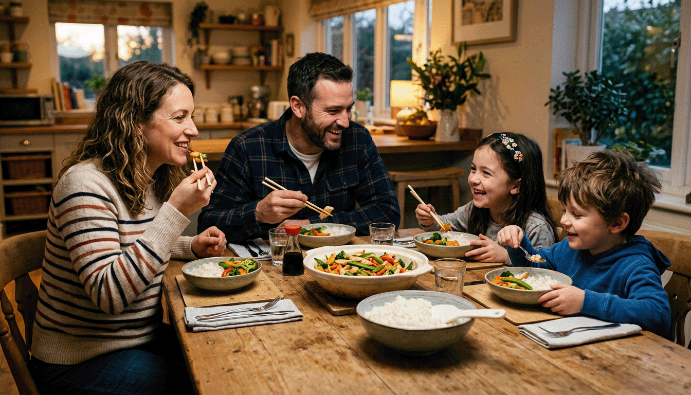 Family gathered around dinner table enjoying affordable home-cooked meal together