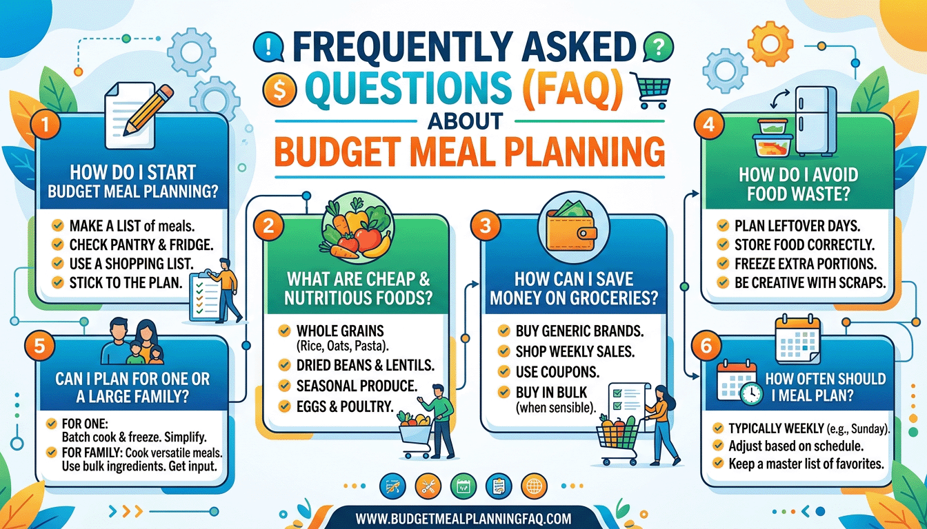 Person reading budget meal planning guide with question marks illustrated