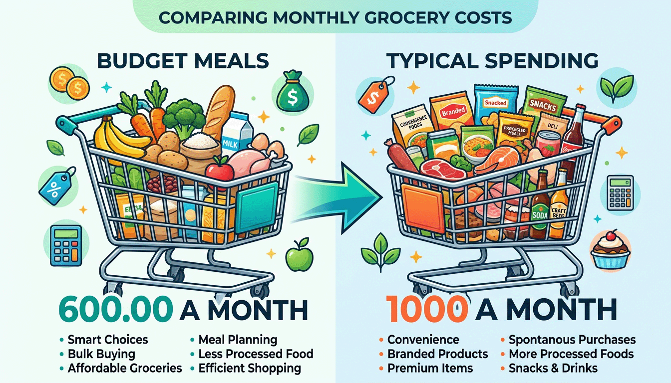 Side by side comparison of budget meal planning versus typical grocery spending