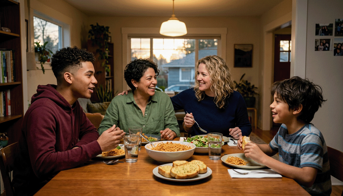Family with children of different ages eating dinner together
