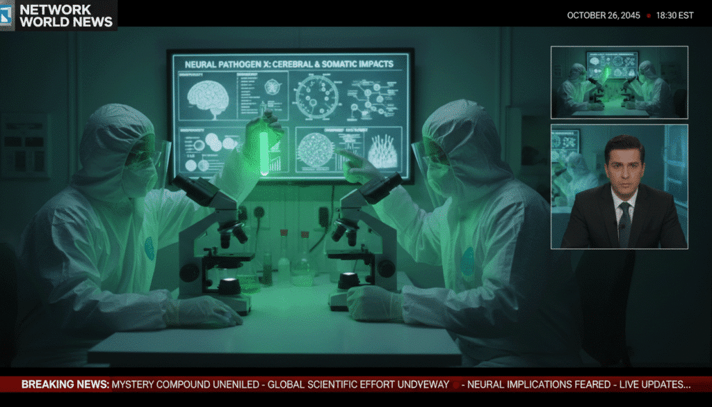 Scientists in full protective suits work at microscopes in a lab, with a neon-green display of neural pathogen diagrams in the background; a video inset shows a news anchor and a lab scene.