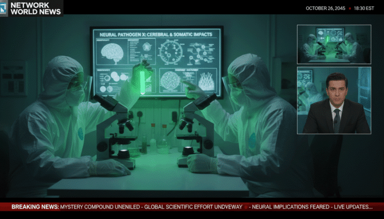 Scientists in full protective suits work at microscopes in a lab, with a neon-green display of neural pathogen diagrams in the background; a video inset shows a news anchor and a lab scene.