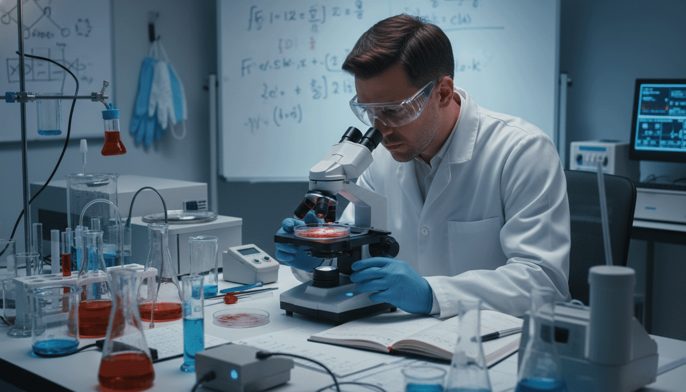 Scientist in safety goggles examines a sample under a microscope at a lab bench, with glassware and a notebook nearby.
