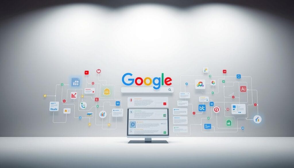 A sleek, modern illustration of the Google search algorithm, depicting a dynamic interface with colorful data flows and interactive visualization elements. The foreground showcases a simplified representation of the algorithm's core mechanisms, with interconnected nodes and pathways. The middle ground features an array of search query icons, search result cards, and user interaction elements. The background sets the scene with a minimalist, clean design, highlighting the efficiency and precision of the Google search process. The lighting is soft and diffused, creating a sense of depth and emphasizing the technological prowess of the algorithm. The overall atmosphere conveys the power and sophistication of Google's search capabilities, aligning with the "Mobile Optimization for Better Rankings" section of the article.