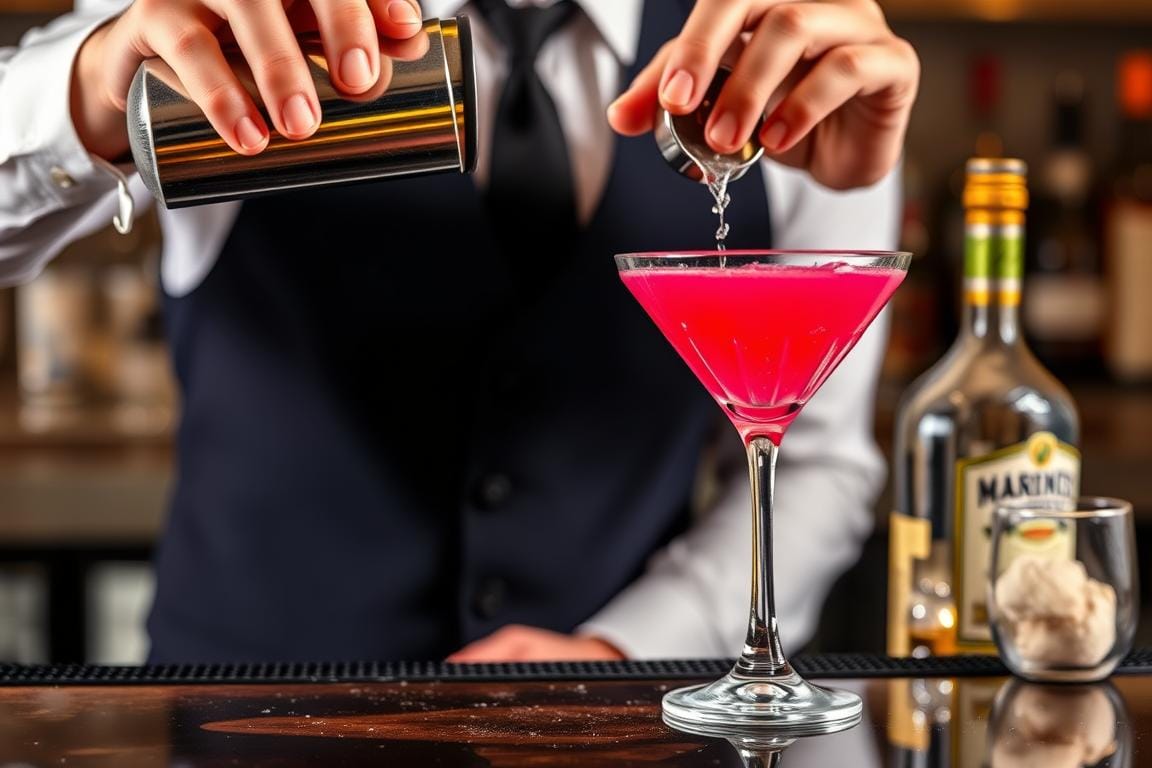 Bartender demonstrating how to make the best Cosmopolitan cocktail How to Make the Best Cosmopolitan: A Pop Culture Icon