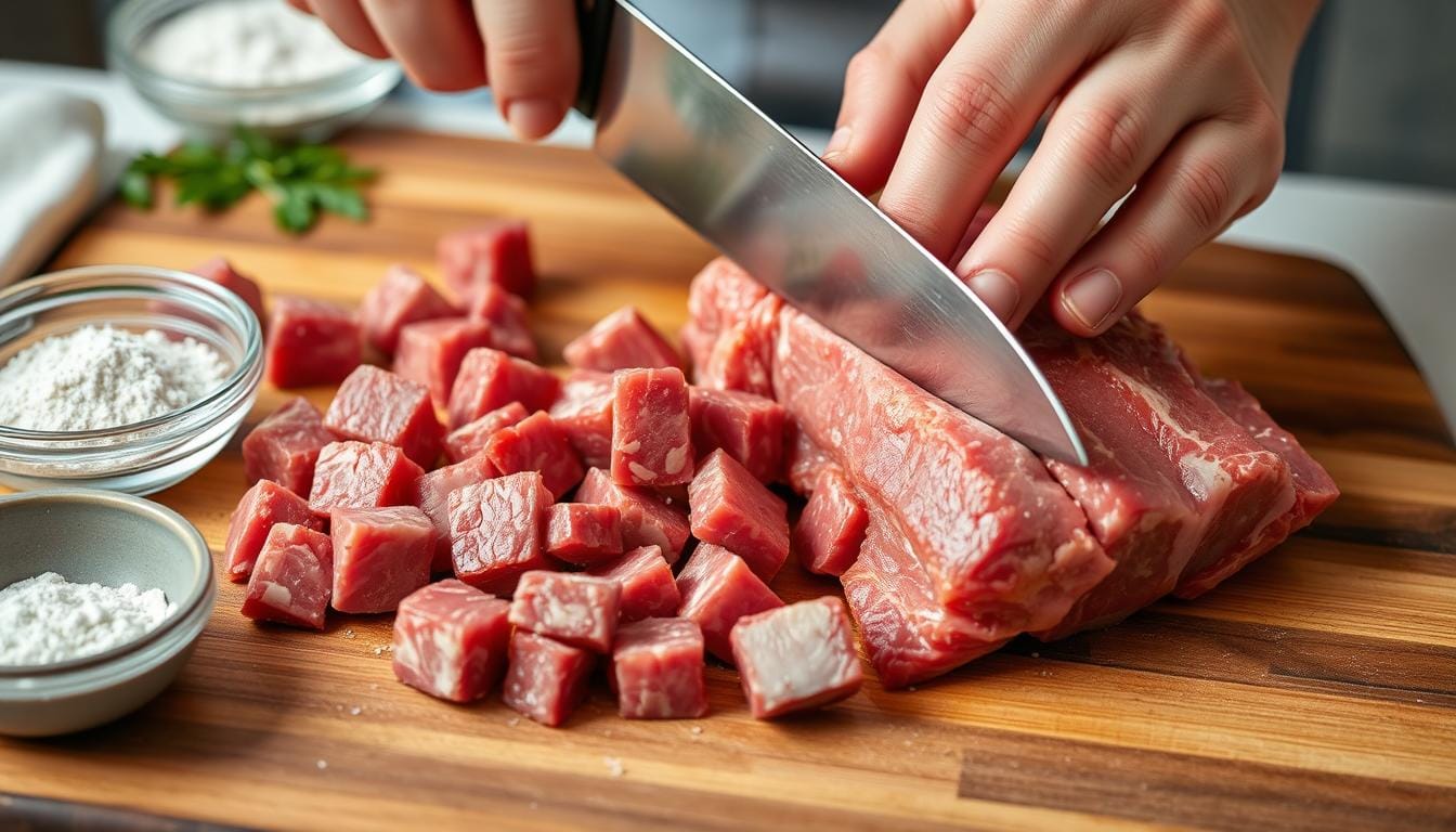 Beef chuck being cut into cubes for Slow Cooker Beef Stew