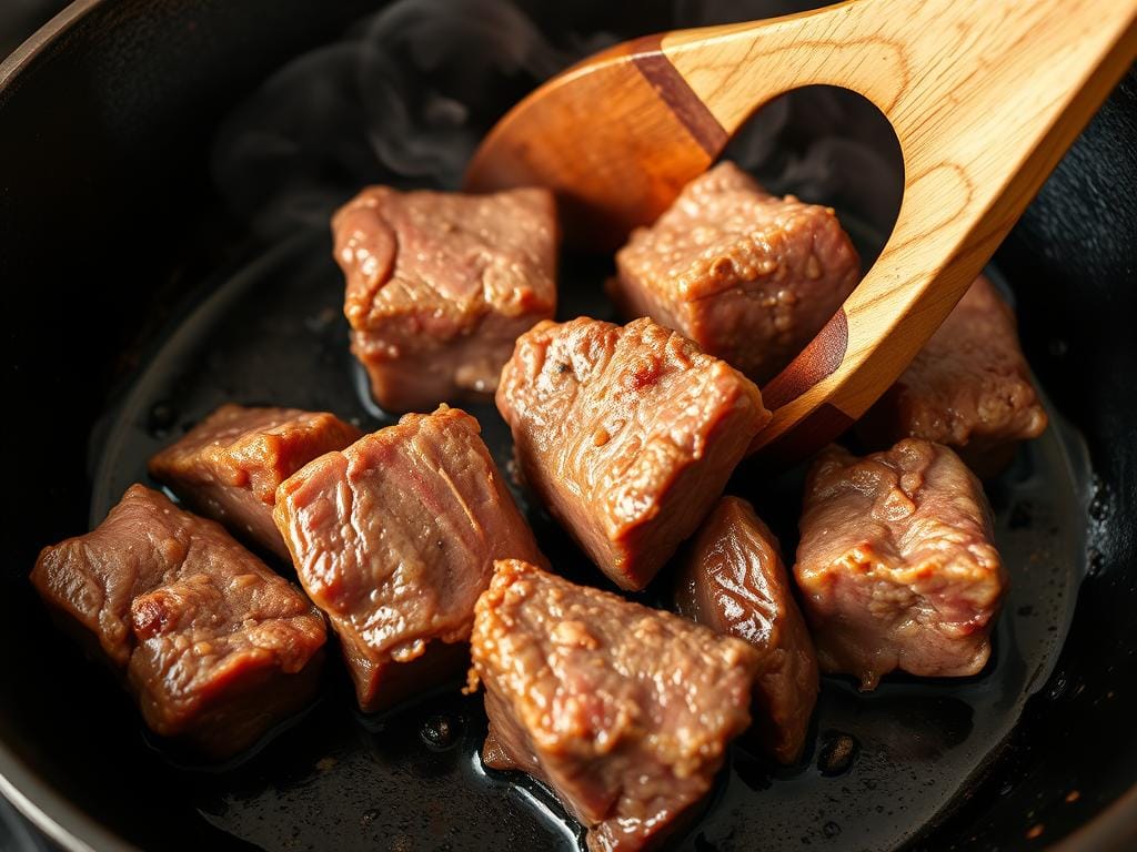 Browning beef chunks in a skillet for Slow Cooker Beef Stew