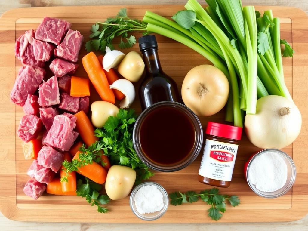 Ingredients for Slow Cooker Beef Stew laid out on a wooden cutting board