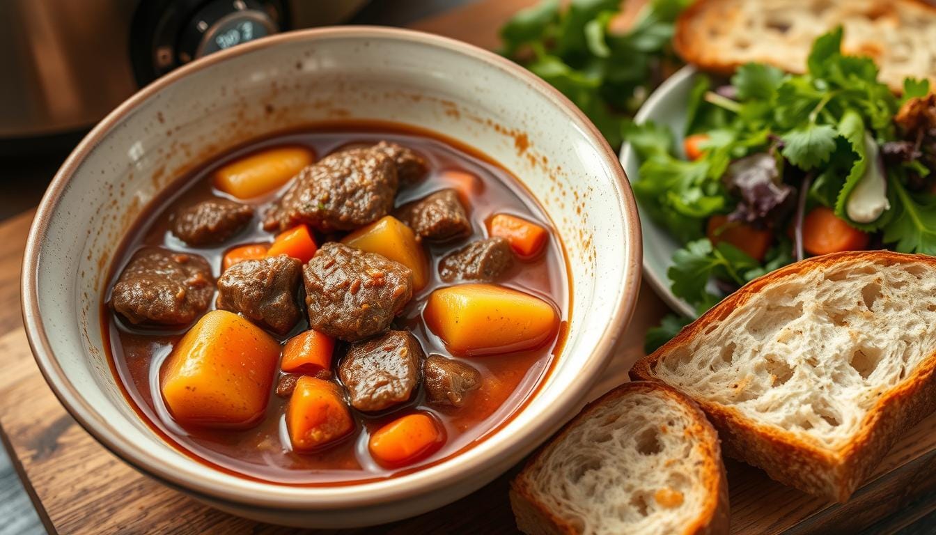 Slow Cooker Beef Stew served with crusty bread and a green salad