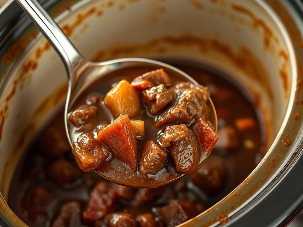 Thick, rich Slow Cooker Beef Stew being served with a ladle
