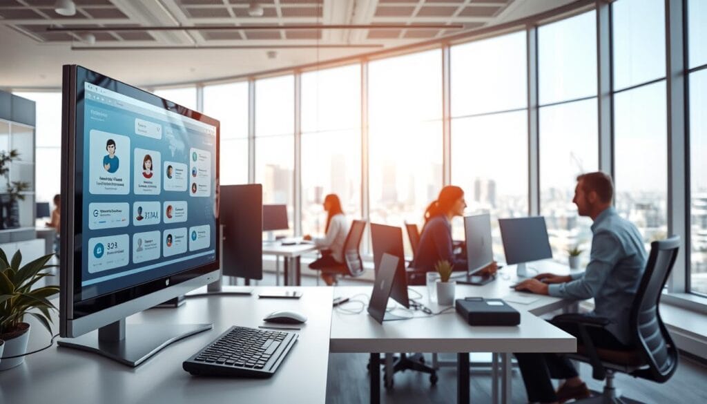 A bright, modern office setting with an array of AI assistants collaborating with human workers. In the foreground, a sleek desktop computer displays intuitive interfaces and virtual assistants, guiding and streamlining tasks. In the middle ground, employees sit at their desks, seamlessly incorporating AI-powered tools to boost productivity - analyzing data, scheduling meetings, and automating workflows. The background features expansive windows, letting in natural light and a cityscape vista, creating an atmosphere of efficiency and innovation. Soft, directional lighting enhances the clean, minimalist aesthetic, while a sense of harmony permeates the scene, showcasing the synergistic relationship between humans and their AI counterparts.