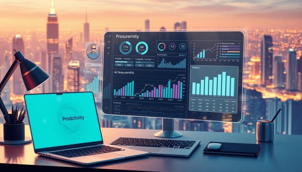 A digital illustration showcasing the measurement of AI-driven productivity. In the foreground, a sleek workspace with a laptop, stylish desk accessories, and a thoughtfully-placed productivity chart displayed on the screen. The middle ground features a holographic interface with customizable metrics, graphs, and analytics tracking the user's performance. In the background, a futuristic cityscape blends seamlessly with an ethereal, technology-infused atmosphere, bathed in a warm, ambient lighting. The overall scene conveys a sense of efficient, data-driven productivity empowered by the integration of AI assistants.