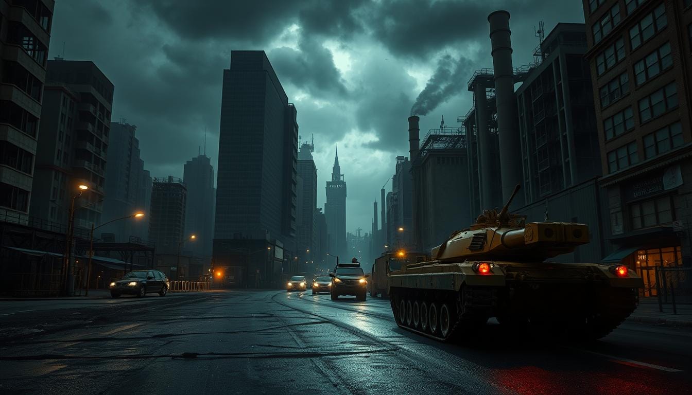 A dimly lit urban landscape, with towering skyscrapers and crumbling infrastructure. The streets are deserted, save for a few ominous figures lurking in the shadows. Overhead, a cloudy sky casts an eerie glow, creating an atmosphere of unease and tension. In the foreground, a military tank rumbles down the pothole-riddled road, its cannons pointed at the surrounding buildings. The scene is illuminated by the flickering lights of a nearby abandoned factory, casting an ominous shadow over the entire scene. The overall mood is one of danger, instability, and the sense that this city is a challenging environment for military training. Dangerous Cities for Military Training