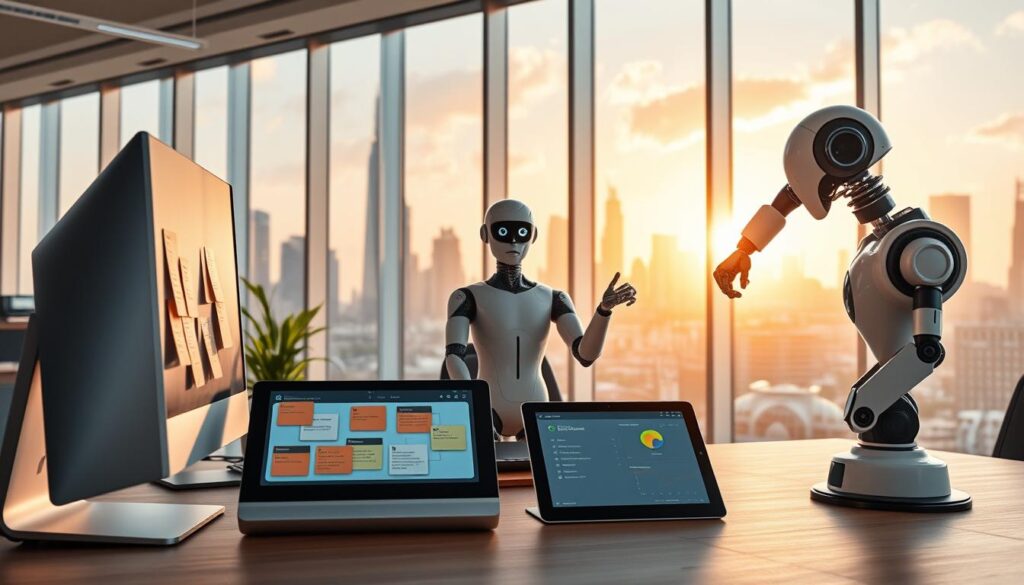 A modern office workspace with various AI productivity tools and assistants. In the foreground, a sleek desktop computer and a tablet with digital sticky notes and task managers. In the middle ground, a humanoid AI assistant providing recommendations, and a robot arm handling physical tasks. In the background, a city skyline with futuristic architecture, bathed in warm, natural lighting from large windows. The scene conveys a harmonious integration of cutting-edge AI technologies seamlessly enhancing the productivity and efficiency of a professional environment.