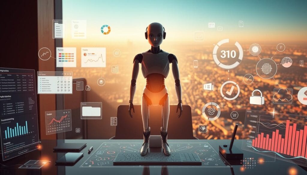 A productivity-boosting AI assistant stands at the center, surrounded by a dynamic array of digital tools and interfaces. The scene is bathed in a warm, focused glow, evoking a sense of efficiency and focus. In the foreground, task lists, calendars, and data visualizations dance across holographic displays, seamlessly integrating the assistant's capabilities. The middle ground features a sleek, minimalist workstation, hinting at the assistant's unobtrusive yet powerful integration. In the background, a vast, data-driven landscape unfolds, representing the wealth of information and resources the AI assistant can leverage to enhance the user's productivity.