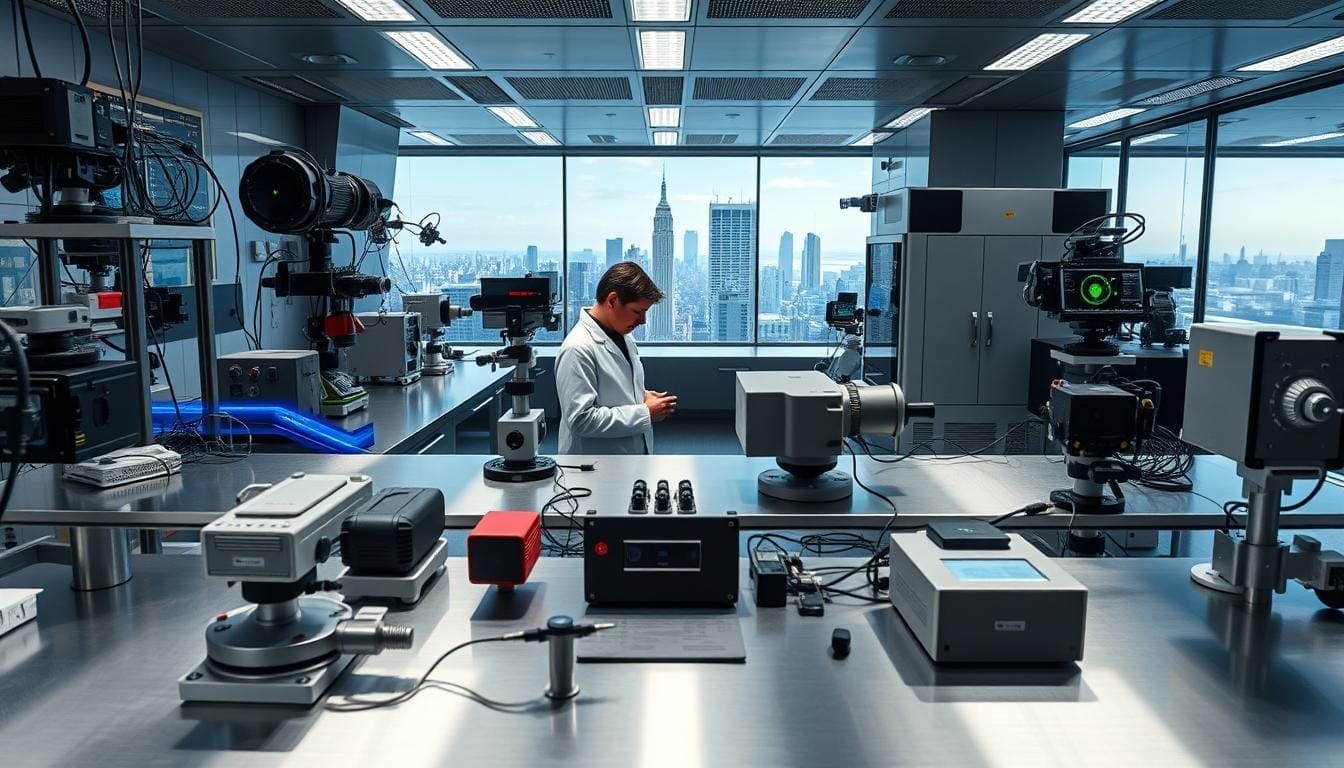 A sleek, high-tech laboratory setting with advanced nuclear detection instruments arranged on gleaming metal workbenches. Precise lasers, sensitive radiation sensors, and complex monitoring systems fill the foreground, bathed in cool, focused lighting. In the middle ground, scientists in white coats study digital readouts, their expressions intent and focused. The background reveals a panoramic view of a city skyline, hinting at the broader context of this critical technology's role in safeguarding against nuclear threats. Threat of Nuclear Attacks