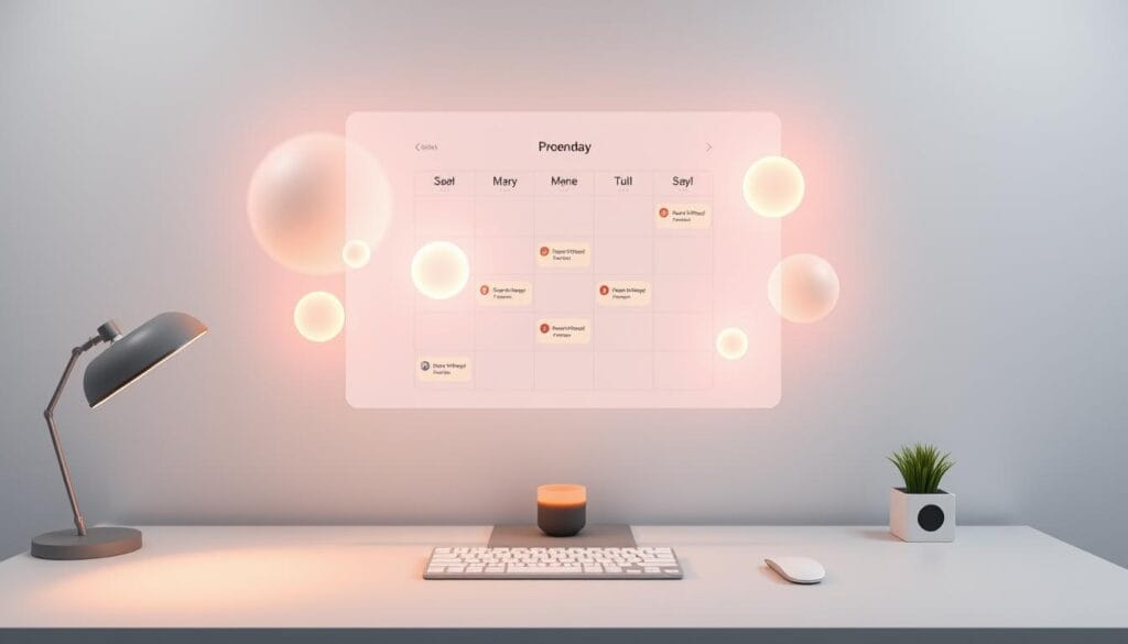 A sleek, minimalist calendar interface hovers above a clean, white desk. Glowing orbs representing scheduled events and tasks float effortlessly, synced with a digital assistant's soothing voice. Soft, directional lighting creates a serene, productive atmosphere, while a subtle, generative backdrop hints at the AI's algorithmic complexity. The calendar seamlessly integrates with productivity apps, organizing the user's day with effortless efficiency. This AI-powered system streamlines time management, allowing the user to focus on their most important priorities.