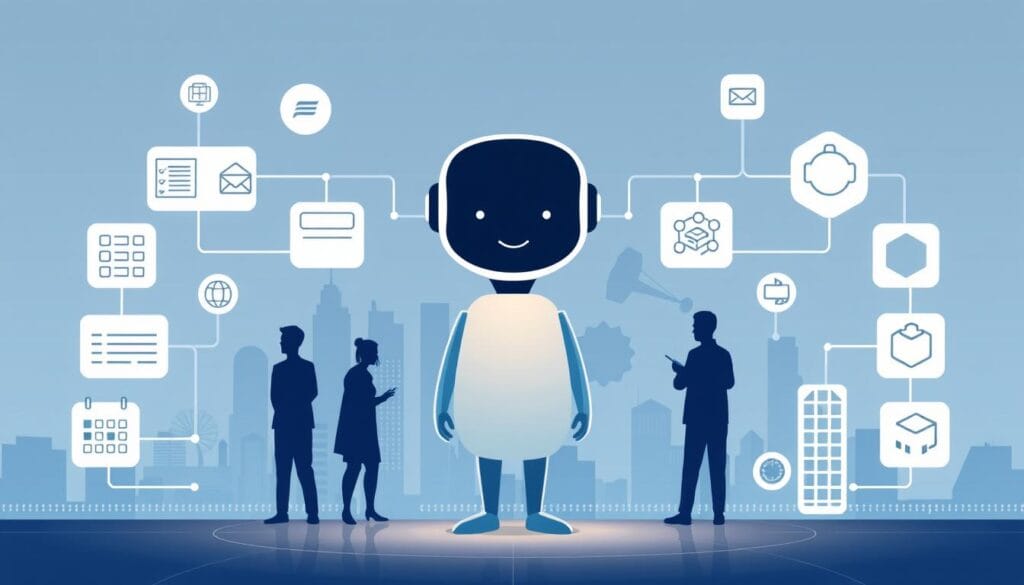A sleek, minimalist illustration depicting an "AI Assistant Ecosystem". In the foreground, a modern-looking digital assistant with a friendly, approachable avatar stands at the center, radiating warmth and intelligence. Surrounding it, a variety of productivity tools and services are arranged in a clean, modular layout - calendars, task managers, note-taking apps, and more. The middle ground features silhouettes of human users interacting seamlessly with the AI assistant and its connected features. In the background, a cityscape of skyscrapers and digital infrastructure creates a sense of a thriving, interconnected technological landscape. The scene is illuminated by a soft, ambient lighting that lends an air of harmony and efficiency, capturing the idea of "unlocking daily productivity with AI assistants".