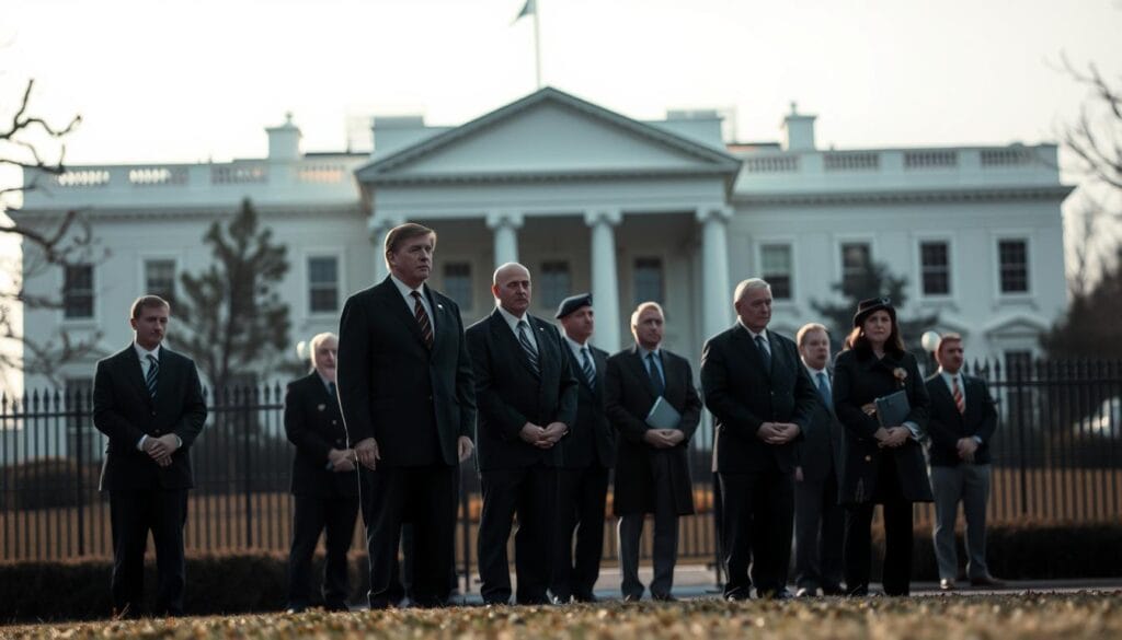 A somber scene unfolds at the White House, its iconic facade cast in muted tones. In the foreground, a group of administration officials stand solemnly, faces etched with a mixture of shock and sorrow. The mood is palpable, a heavy silence permeating the air as they grapple with the aftermath of a sudden and unexpected tragedy. The background is hazy, with the familiar White House architecture fading into the distance, as if the world has momentarily paused to reflect on the gravity of the situation. The lighting is soft, casting a subtle glow that heightens the sense of melancholy. The entire scene conveys a sense of profound and overwhelming loss, a moment in time when the power and prestige of the White House is overshadowed by the weight of human emotion.