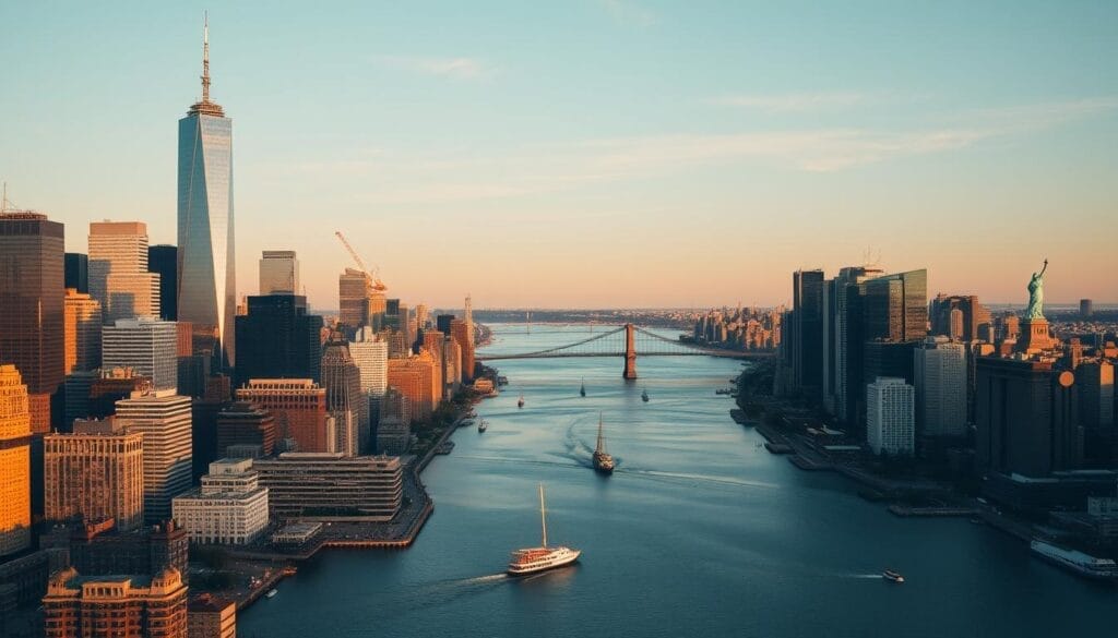 A stunning panoramic view of the iconic New York City skyline, illuminated by the warm glow of the afternoon sun. In the foreground, the towering skyscrapers of Manhattan stand tall, their glass facades reflecting the vibrant energy of the city. In the middle ground, the Hudson River flows calmly, its waters dotted with the silhouettes of ferries and boats. In the distance, the distant bridges and landmarks, such as the Statue of Liberty, create a breathtaking backdrop, capturing the essence of this dynamic and diverse metropolis. The scene is captured with a wide-angle lens, providing a cinematic and immersive perspective, inviting the viewer to feel the pulse of the city. The overall mood is one of awe and wonder, perfectly capturing the grandeur and power of New York City. Psychic Maria Papapetros