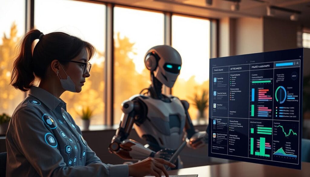 A team of AI assistants working together on a project management dashboard. In the foreground, a holographic virtual assistant provides insights and recommendations, while in the middle ground, a robotic assistant coordinates tasks and schedules. In the background, a sleek, minimalist office environment with large windows bathed in warm, natural lighting. The overall atmosphere is one of efficiency, collaboration, and the seamless integration of human and artificial intelligence.
