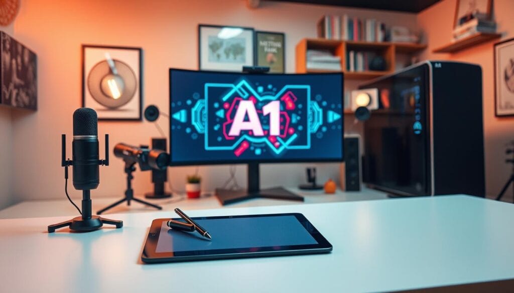 A well-lit, high-resolution studio scene showcasing a variety of AI-powered content creation tools. In the foreground, a sleek tablet or digital drawing pad with an elegant stylus rests on a minimalist desk, alongside a high-end microphone and a state-of-the-art camera. In the middle ground, a large, curved monitor displays a vibrant, AI-generated graphic design mockup, while a powerful desktop computer tower sits nearby. The background features shelves stocked with creative reference books and inspiring artwork, all bathed in warm, directional lighting that highlights the professional, technology-driven atmosphere.