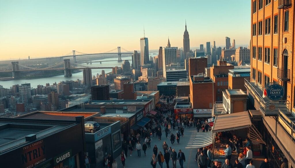 An expansive cityscape of New York's vibrant community, captured in a cinematic wide-angle lens. In the foreground, bustling sidewalks teeming with diverse pedestrians, storefronts, and lively street vendors. The middle ground showcases towering skyscrapers and iconic landmarks, bathed in a warm, golden hour glow. In the distance, the silhouettes of bridges and waterways stretch out, connecting this thriving urban center to its surrounding neighborhoods. The overall scene exudes a sense of energy, unity, and a deep-rooted civic pride, reflecting the community's spirit of philanthropy and social engagement. Psychic Maria Papapetros