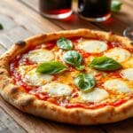Homemade Margherita Pizza Crispy pizza crust topped with fresh mozzarella