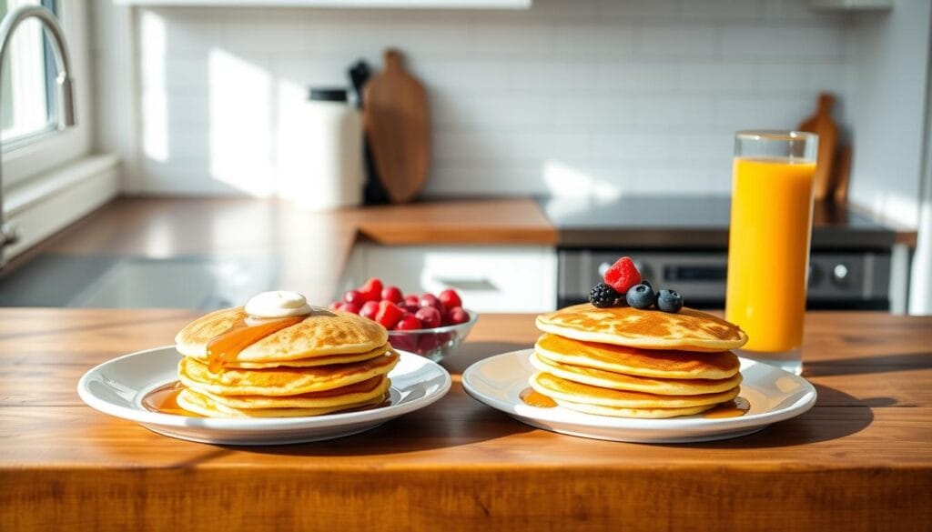 A brightly lit kitchen counter with a rustic wooden texture. On the surface, a variety of simple yet delicious breakfast items are neatly arranged: a stack of golden pancakes drizzled with maple syrup, a plate of crisp bacon, a bowl of fresh berries, and a glass of freshly squeezed orange juice. The lighting is soft and natural, creating a warm, inviting atmosphere. The scene captures the essence of "Easy Breakfast Ideas Under $5" - wholesome, budget-friendly, and visually appealing. A brightly lit kitchen counter with a rustic wooden texture. On the surface, a variety of simple yet delicious breakfast items are neatly arranged: a stack of golden pancakes drizzled with maple syrup, a plate of crisp bacon, a bowl of fresh berries, and a glass of freshly squeezed orange juice. The lighting is soft and natural, creating a warm, inviting atmosphere. The scene captures the essence of "Easy Breakfast Ideas Under $5" - wholesome, budget-friendly, and visually appealing.