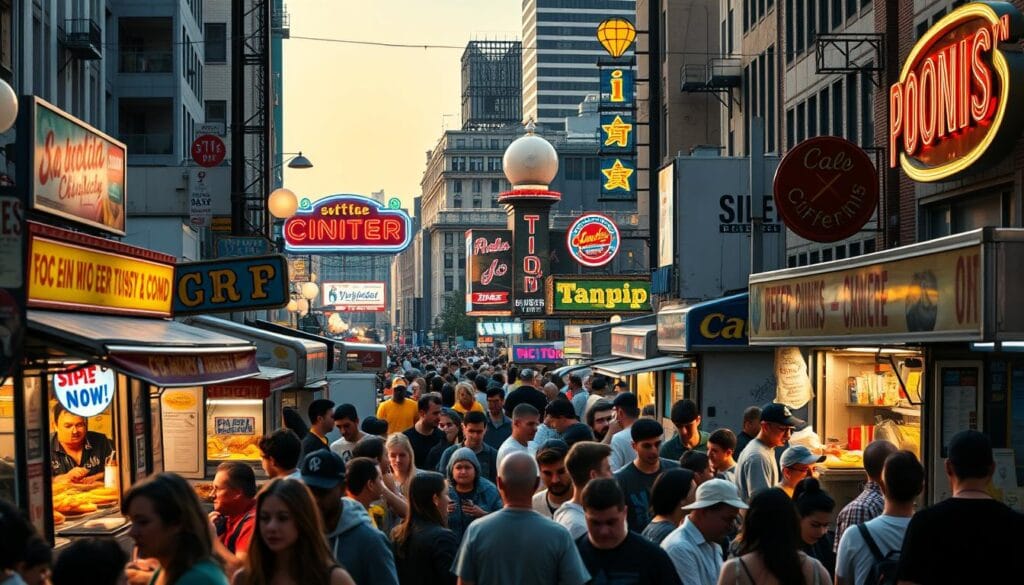 A bustling street scene of popular cheap eats around the United States. In the foreground, a diverse array of food trucks and street vendors offer a mouthwatering selection of regional specialties - from juicy burgers and crispy fries to fragrant tacos and steaming bowls of ramen. The middle ground features a vibrant crowd of hungry patrons, their faces lit by the warm glow of the street lamps. In the background, a mix of iconic American architecture - from neon-lit diners to historic mom-and-pop shops - creates a lively, urban backdrop. The lighting is natural but enhanced, casting long shadows and highlighting the textures of the food and the faces of the people. The overall mood is one of community, diversity, and the universal joy of delicious, affordable meals.