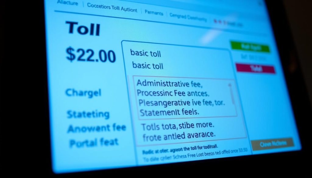 A confusing toll payment interface showing multiple hidden fees and charges, demonstrating toll system justice problems A confusing toll payment interface showing multiple hidden fees and charges, demonstrating toll system justice problems