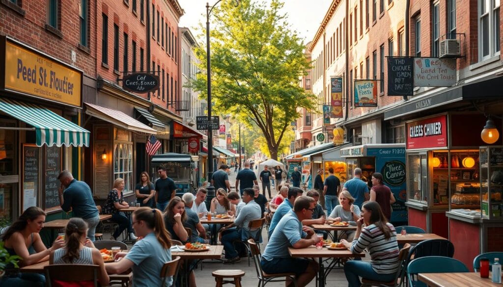 A cozy college town street scene, filled with a vibrant array of local eateries and food carts. In the foreground, students and locals gather around outdoor tables, savoring hearty, affordable meals. The middle ground showcases a diverse selection of casual dining spots, their storefronts adorned with chalkboard menus and vibrant signage. In the background, brick buildings, trees, and a sense of community create a warm, inviting atmosphere. Soft, natural lighting illuminates the scene, casting a golden glow and highlighting the energy of this budget-friendly culinary hub.