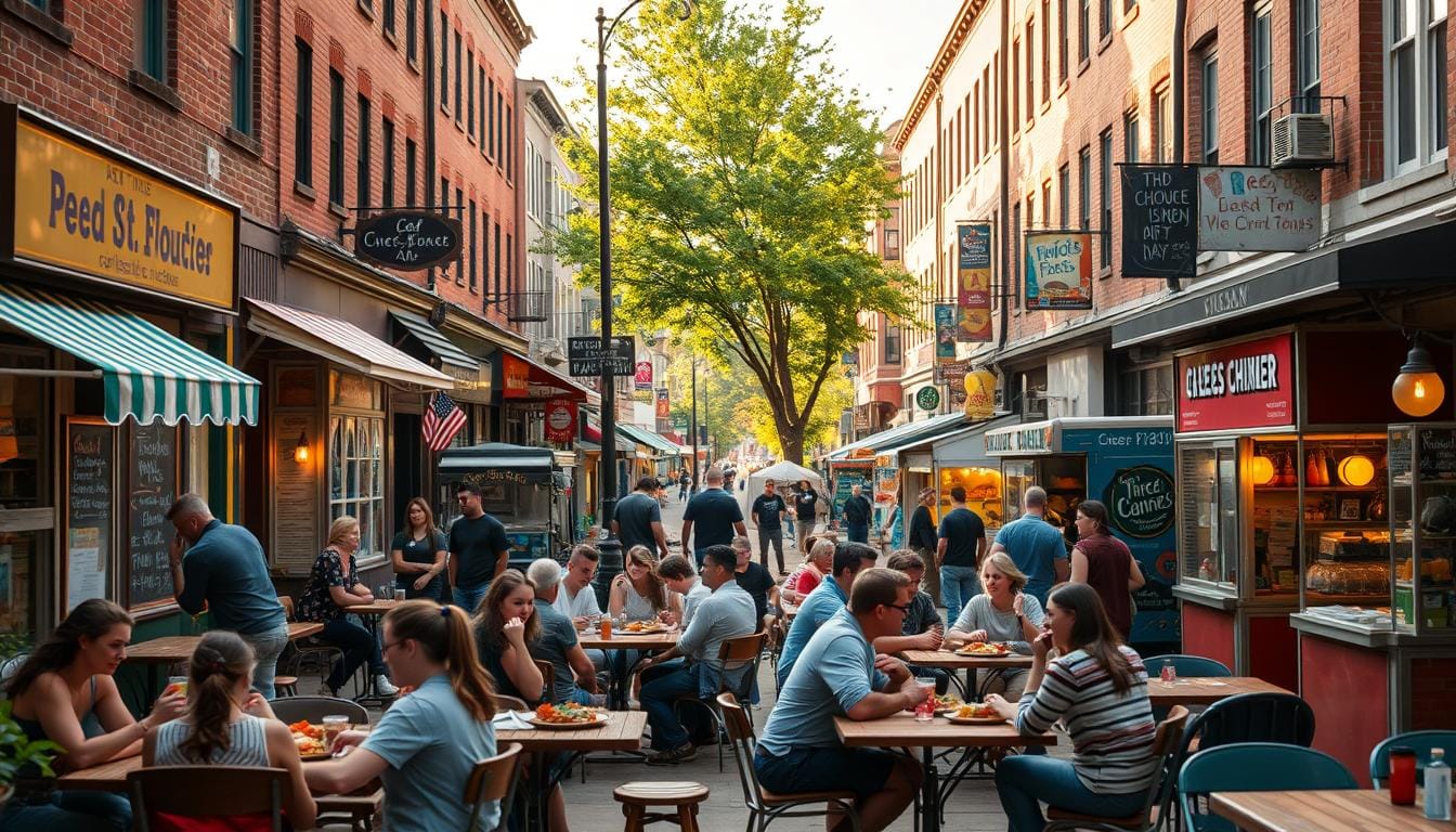 A cozy college town street scene, filled with a vibrant array of local eateries and food carts. In the foreground, students and locals gather around outdoor tables, savoring hearty, affordable meals. The middle ground showcases a diverse selection of casual dining spots, their storefronts adorned with chalkboard menus and vibrant signage. In the background, brick buildings, trees, and a sense of community create a warm, inviting atmosphere. Soft, natural lighting illuminates the scene, casting a golden glow and highlighting the energy of this budget-friendly culinary hub. Cheap Eats: