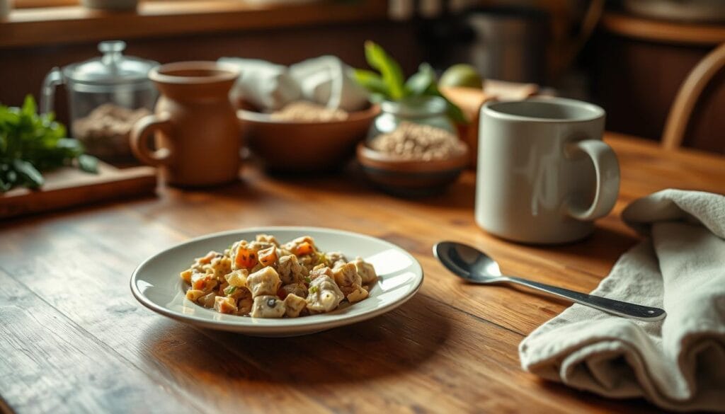 A cozy kitchen scene with a wooden table, a plate of simple but delicious-looking homemade food, and a few common household items like a mug, spoon, and napkin. The lighting is warm and inviting, casting a soft glow on the scene. In the background, there are hints of other budget-friendly ingredients like grains, vegetables, and herbs. The overall mood is one of practicality, comfort, and the satisfaction of a nourishing, inexpensive meal.