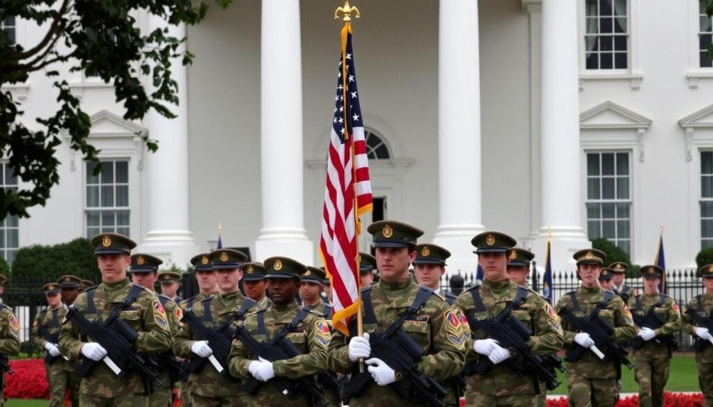 A dimly lit government building, its facade cast in the eerie glow of floodlights. In the foreground, a group of armed National Guard soldiers stand at attention, their uniforms crisp and their expressions stern. The background is hazy, suggesting a sense of unease and uncertainty. The image conveys a tense, authoritarian atmosphere, hinting at the potential for abuse of power and the erosion of civil liberties. The composition is tightly framed, drawing the viewer's attention to the central figures and creating a sense of claustrophobia and discomfort.