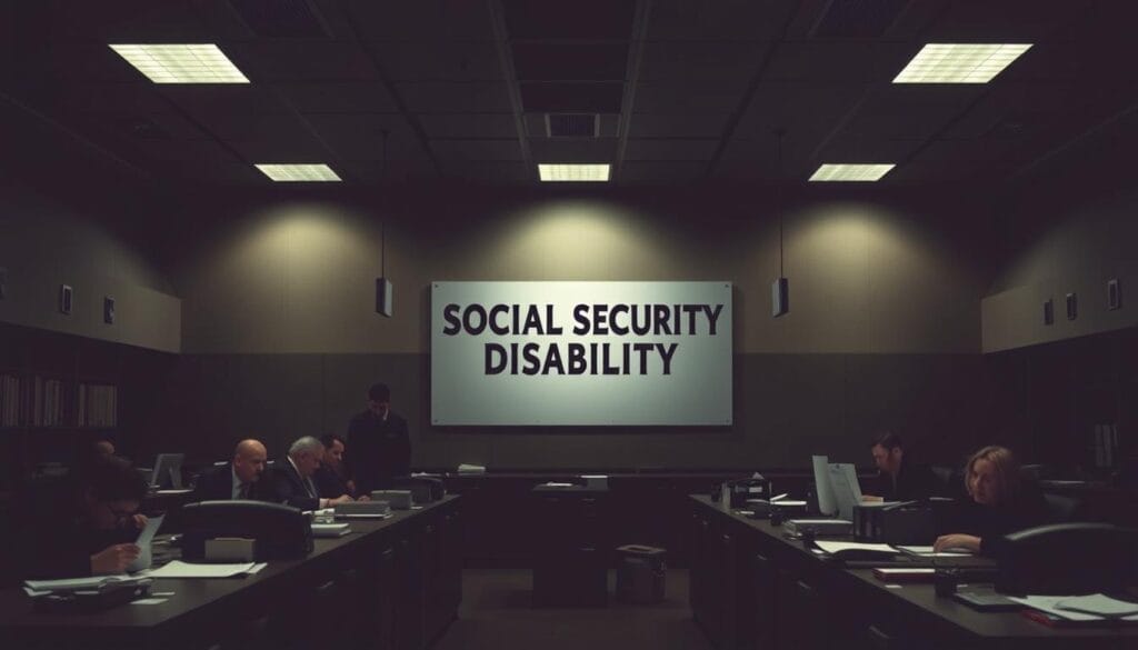 A dimly lit government office interior, desks and filing cabinets in the foreground, bureaucrats hunched over paperwork. In the middle ground, a large sign reading "SOCIAL SECURITY DISABILITY" hangs on the wall, partially obscured by shadows. The background features a somber, muted color palette, with a sense of bureaucratic malaise permeating the scene. Overhead lighting casts a harsh, clinical glow, highlighting the gravity of the "SSDI and SSI Eligibility Criteria Revised" subject matter. The atmosphere evokes a feeling of tightened regulations and restricted access to vital social services.