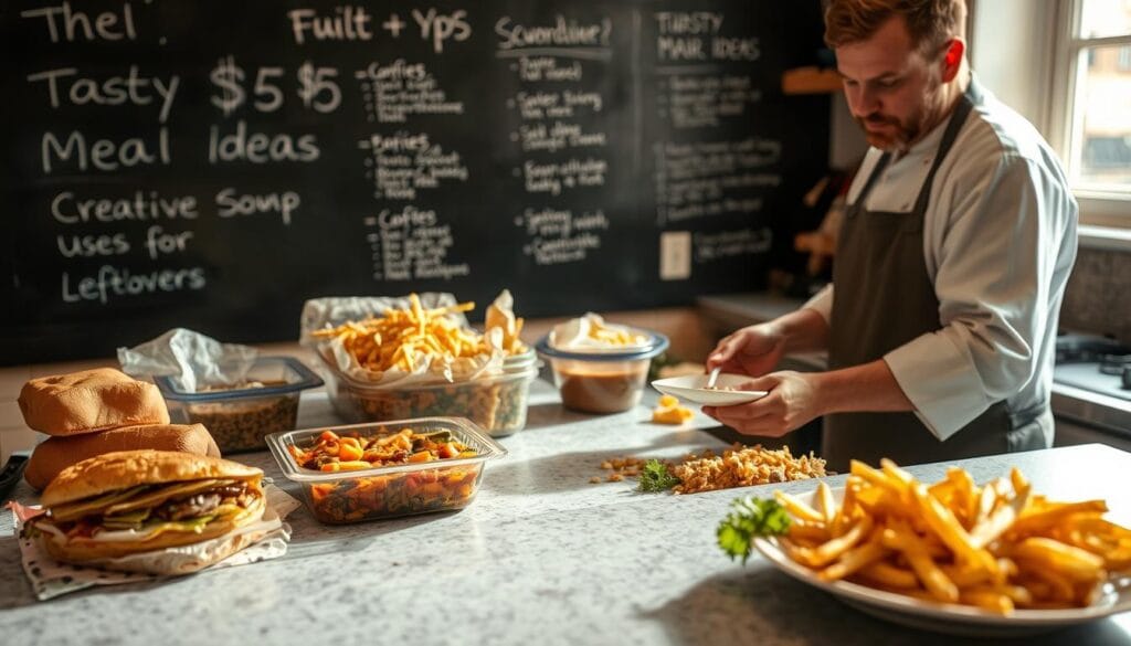 A kitchen counter overflowing with an assortment of leftovers - a half-eaten sandwich, a container of leftover stir-fry, a bowl of partially-consumed soup, and a plate with a few stray french fries. The scene is bathed in warm, natural light filtering through a nearby window, casting a cozy glow over the various culinary remnants. In the foreground, a creative chef's hands are actively transforming these leftover ingredients into an entirely new dish, perhaps a hearty casserole or a flavorful fried rice. The middle ground captures the thoughtful expression of the chef as they meticulously combine the disparate elements. In the background, a chalkboard wall displays handwritten recipe ideas for "Tasty $5 Meal Ideas" and "Creative Uses for Leftovers", hinting at the culinary ingenuity to come. A kitchen counter overflowing with an assortment of leftovers - a half-eaten sandwich, a container of leftover stir-fry, a bowl of partially-consumed soup, and a plate with a few stray french fries. The scene is bathed in warm, natural light filtering through a nearby window, casting a cozy glow over the various culinary remnants. In the foreground, a creative chef's hands are actively transforming these leftover ingredients into an entirely new dish, perhaps a hearty casserole or a flavorful fried rice. The middle ground captures the thoughtful expression of the chef as they meticulously combine the disparate elements. In the background, a chalkboard wall displays handwritten recipe ideas for "Tasty $5 Meal Ideas" and "Creative Uses for Leftovers", hinting at the culinary ingenuity to come.