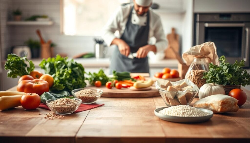 A minimalist kitchen scene with a wooden table in the foreground, featuring a variety of healthy and affordable ingredients like fresh produce, whole grains, and lean proteins. The lighting is soft and natural, creating a warm, inviting atmosphere. In the middle ground, a simple meal is being prepared, with a chef carefully chopping vegetables and measuring portions. The background is slightly blurred, suggesting a cozy, domestic setting. The overall mood is one of balance, efficiency, and a focus on nourishing, cost-effective culinary choices.