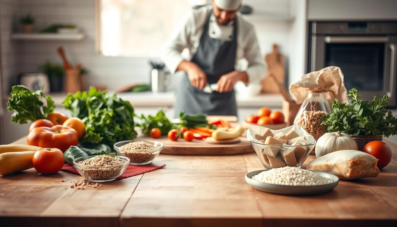 A minimalist kitchen scene with a wooden table in the foreground, featuring a variety of healthy and affordable ingredients like fresh produce, whole grains, and lean proteins. The lighting is soft and natural, creating a warm, inviting atmosphere. In the middle ground, a simple meal is being prepared, with a chef carefully chopping vegetables and measuring portions. The background is slightly blurred, suggesting a cozy, domestic setting. The overall mood is one of balance, efficiency, and a focus on nourishing, cost-effective culinary choices. Cheap Eats: