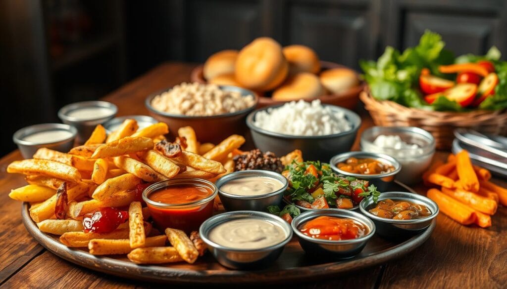 A rustic table showcasing an array of budget-friendly snacks and sides for hearty, economical meals. In the foreground, a platter of golden-brown potato wedges, crispy fries, and roasted vegetable medley, sprinkled with herbs. Surrounding it, a selection of dips and condiments, such as tangy barbecue sauce, creamy ranch, and zesty salsa. In the middle ground, a bowl of steaming rice, a pile of fluffy biscuits, and a basket of soft dinner rolls. In the background, a vibrant salad with leafy greens, juicy tomatoes, and crunchy carrots. Warm, diffused lighting casts a comforting glow, conveying the welcoming atmosphere of a nourishing, budget-friendly meal. A rustic table showcasing an array of budget-friendly snacks and sides for hearty, economical meals. In the foreground, a platter of golden-brown potato wedges, crispy fries, and roasted vegetable medley, sprinkled with herbs. Surrounding it, a selection of dips and condiments, such as tangy barbecue sauce, creamy ranch, and zesty salsa. In the middle ground, a bowl of steaming rice, a pile of fluffy biscuits, and a basket of soft dinner rolls. In the background, a vibrant salad with leafy greens, juicy tomatoes, and crunchy carrots. Warm, diffused lighting casts a comforting glow, conveying the welcoming atmosphere of a nourishing, budget-friendly meal.