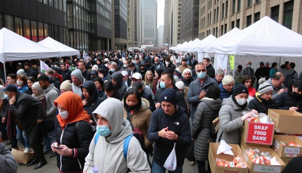 A stark and somber scene of 45 million Americans left without their crucial SNAP benefits on November 1st. In the foreground, a line of dejected people, their faces etched with worry and despair, stretching into the distance. Behind them, a bleak, wintry landscape devoid of color, with bare trees and a leaden sky. The lighting is dim and moody, casting long shadows that add to the sense of gloom and hopelessness. The composition is tightly framed, drawing the viewer's attention to the human cost of this policy change. The overall mood is one of despair and resignation, capturing the profound impact this will have on millions of vulnerable families. A stark and somber scene of 45 million Americans left without their crucial SNAP benefits on November 1st. In the foreground, a line of dejected people, their faces etched with worry and despair, stretching into the distance. Behind them, a bleak, wintry landscape devoid of color, with bare trees and a leaden sky. The lighting is dim and moody, casting long shadows that add to the sense of gloom and hopelessness. The composition is tightly framed, drawing the viewer's attention to the human cost of this policy change. The overall mood is one of despair and resignation, capturing the profound impact this will have on millions of vulnerable families.