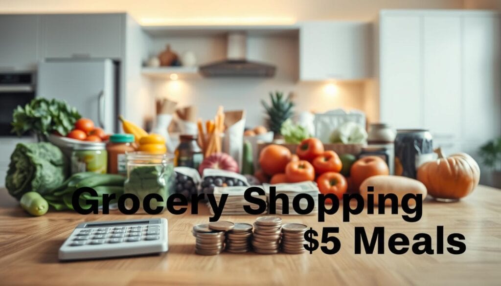 A well-lit, high-resolution photograph of a wooden table with various grocery items arranged neatly, including fresh produce, canned goods, and a calculator. In the foreground, a stack of cash and coins, symbolizing a $5 budget. The middle ground features a pair of hands selecting items, showcasing the decision-making process. The background depicts a clean, minimalist kitchen setting with warm, inviting lighting. The overall mood is one of efficiency, thoughtfulness, and budget-consciousness, reflecting the "Grocery Shopping Tips for $5 Meals" theme. A well-lit, high-resolution photograph of a wooden table with various grocery items arranged neatly, including fresh produce, canned goods, and a calculator. In the foreground, a stack of cash and coins, symbolizing a $5 budget. The middle ground features a pair of hands selecting items, showcasing the decision-making process. The background depicts a clean, minimalist kitchen setting with warm, inviting lighting. The overall mood is one of efficiency, thoughtfulness, and budget-consciousness, reflecting the "Grocery Shopping Tips for $5 Meals" theme.