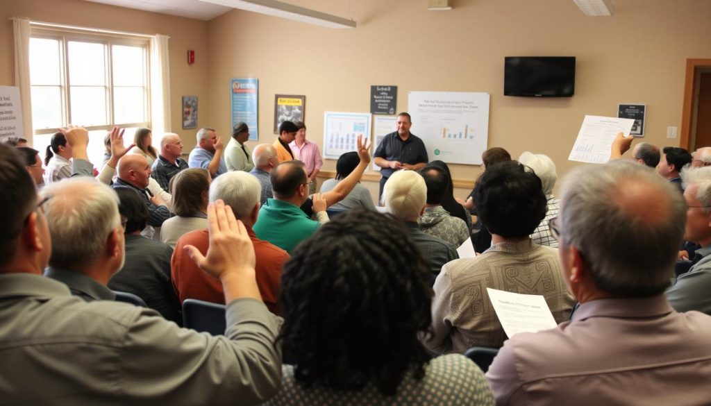 Community meeting discussing toll system reforms with diverse participants, showing public engagement in toll system justice Community meeting discussing toll system reforms with diverse participants, showing public engagement in toll system justice