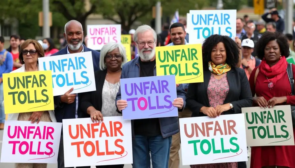 Group of diverse advocates holding signs about toll system justice and reform, representing collective action