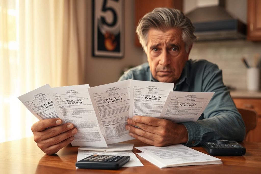 Portrait of a person looking stressed while reviewing toll violation notices, putting a human face on toll system justice issues Portrait of a person looking stressed while reviewing toll violation notices, putting a human face on toll system justice issues