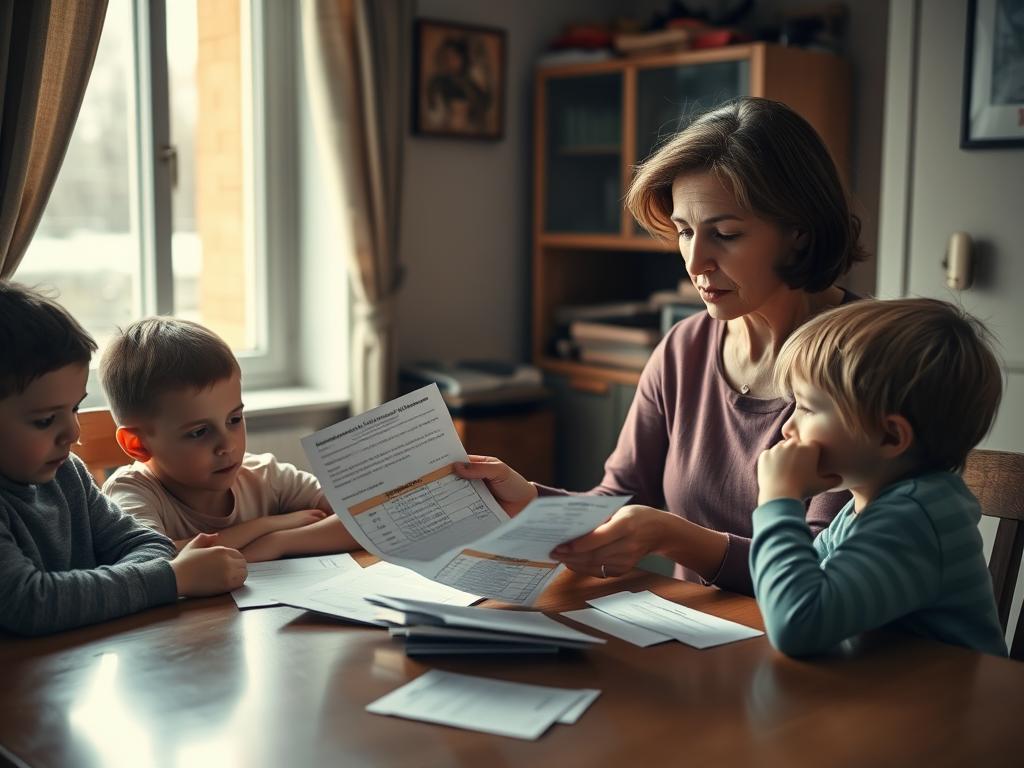Woman explaining toll system issues to her children while looking at bills, representing the family impact of toll system justice problems Woman explaining toll system issues to her children while looking at bills, representing the family impact of toll system justice problems