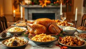 Thanksgiving dinner on a budget A beautifully arranged budget-friendly Thanksgiving dinner table with turkey and sides