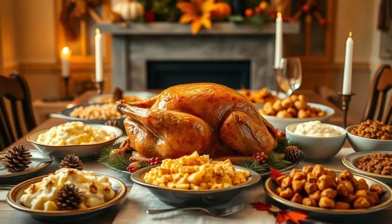 Thanksgiving dinner on a budget A beautifully arranged budget-friendly Thanksgiving dinner table with turkey and sides