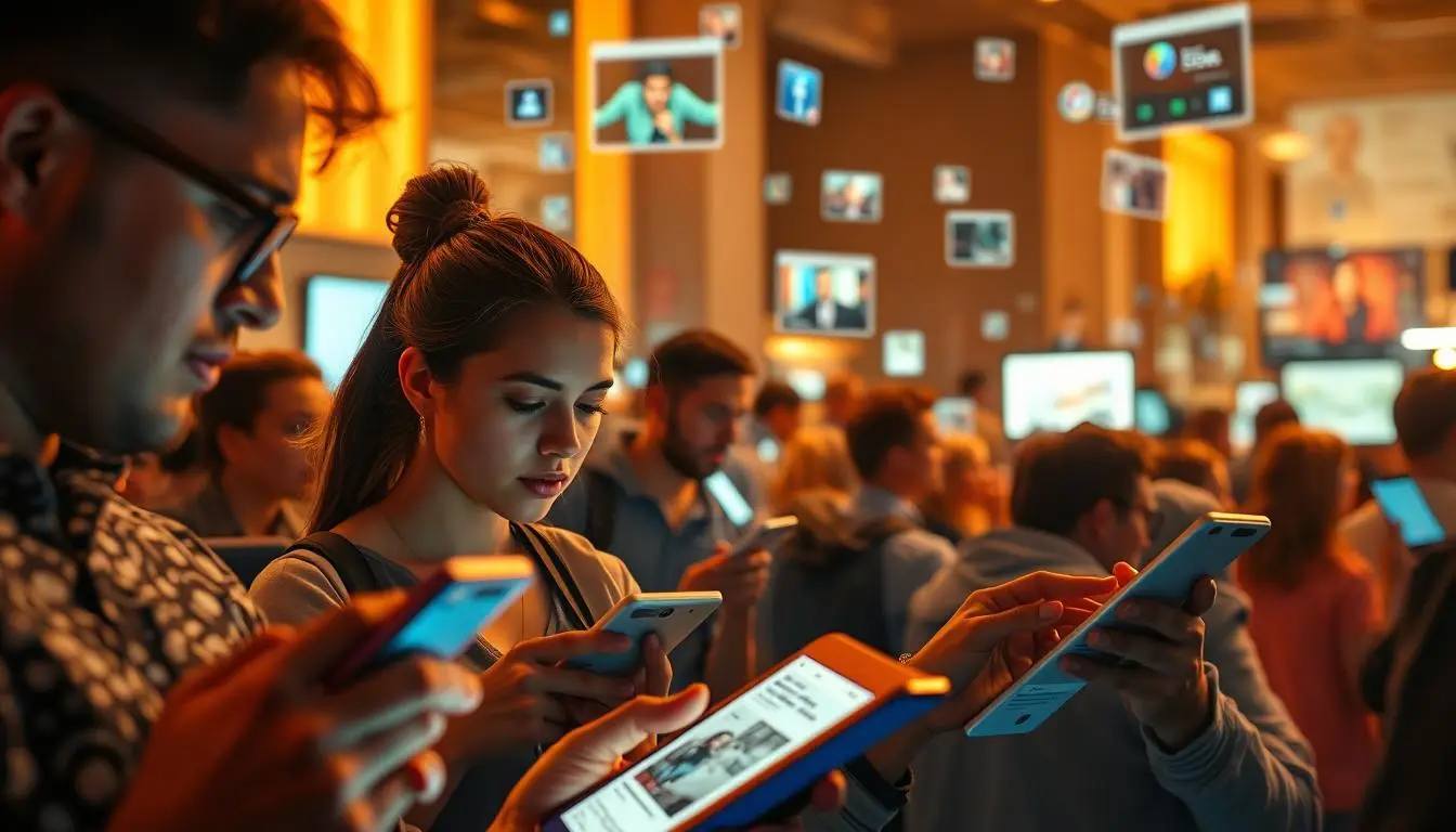 A bustling social media landscape in 2025, with users immersed in Facebook's search experience. In the foreground, individuals intently scrolling through personalized content feeds, their expressions reflecting deep engagement. The middle ground showcases an array of diverse media - videos, images, and articles - dynamically surfaced by Facebook's advanced relevance algorithms. The background paints a vibrant, tech-infused environment, with floating data visualizations and softly glowing interfaces hinting at the platform's evolving capabilities. Warm lighting casts a subtle glow, creating an atmosphere of discovery and exploration. The scene conveys the seamless integration of user needs and Facebook's ability to deliver timely, compelling content in an increasingly content-saturated digital world. Facebook’s Search Relevance