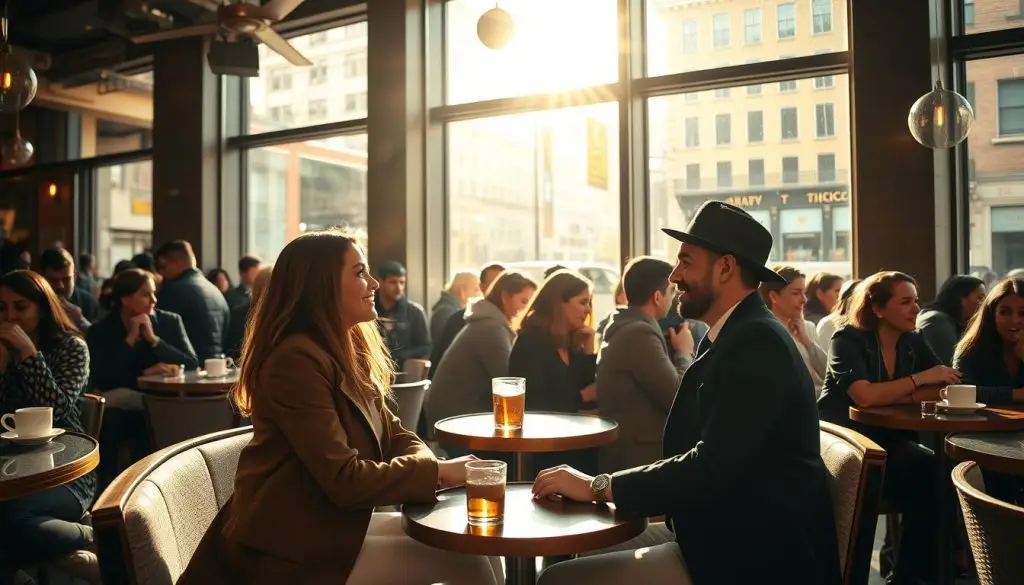 A busy café in the heart of a vibrant city, sunlight streaming through large windows, illuminating a couple on a first date. They sit across a small round table, dressed in chic yet casual attire, engaged in lively conversation, their body language open and animated. In the background, a diverse crowd of patrons sip coffee and nibble on pastries, creating a lively, yet intimate atmosphere. The scene conveys a sense of excitement, possibility, and the thrill of new connections being made in the modern dating landscape. A busy café in the heart of a vibrant city, sunlight streaming through large windows, illuminating a couple on a first date. They sit across a small round table, dressed in chic yet casual attire, engaged in lively conversation, their body language open and animated. In the background, a diverse crowd of patrons sip coffee and nibble on pastries, creating a lively, yet intimate atmosphere. The scene conveys a sense of excitement, possibility, and the thrill of new connections being made in the modern dating landscape.